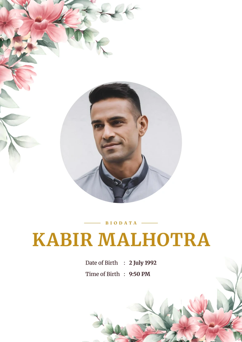 Wild Cosmos marriage biodata template — a painted cosmos cover on white A4, with a circular portrait and the name in gold
